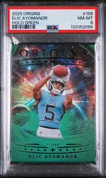 2025 Panini Origins Holo Green Elic Ayomanor #108 1/5 Rookie RC Football Card PSA 8 NM-MT (ONLINE ORDER ONLY)