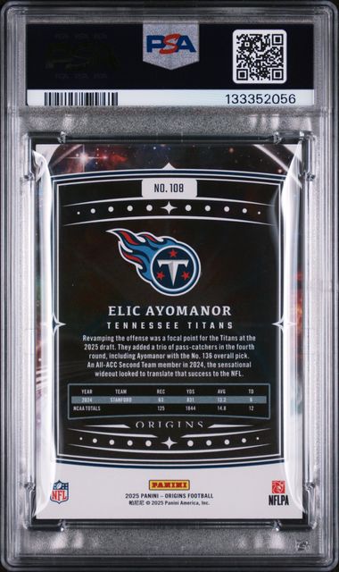 2025 Panini Origins Holo Green Elic Ayomanor #108 1/5 Rookie RC Football Card PSA 8 NM-MT (ONLINE ORDER ONLY)
