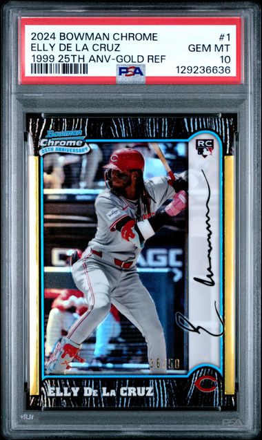 Graded 2024 Bowman Chrome 1999 25th Anniversary Elly De La Cruz #1 /50 Gold Refractor Rookie RC Baseball Card PSA 10 Gem Mint (ONLINE ORDER ONLY)