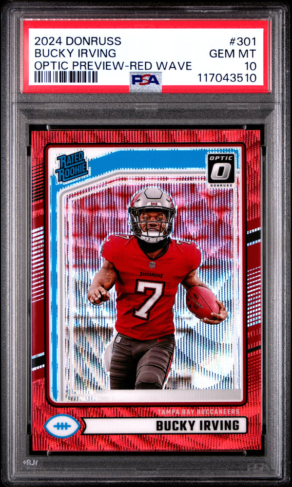 Graded 2024 Panini Donruss Bucky Irving #301 Optic Preview Red Wave Rookie RC Football Card PSA 10 Gem Mint (ONLINE ORDER ONLY)