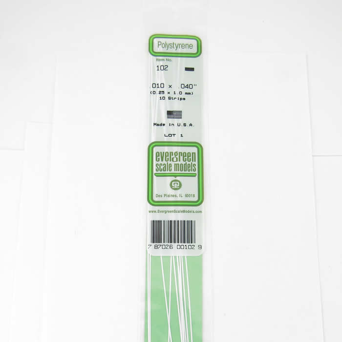 EVG102 White Dimensional Styrene Plastic Strips .010 x .040 x 14in (10) (ONLINE ORDER ONLY)