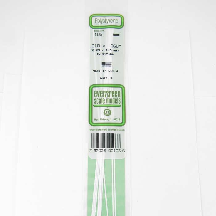 EVG103 White Dimensional Styrene Plastic Strips .010 x .060 x 14in (10) (ONLINE ORDER ONLY)
