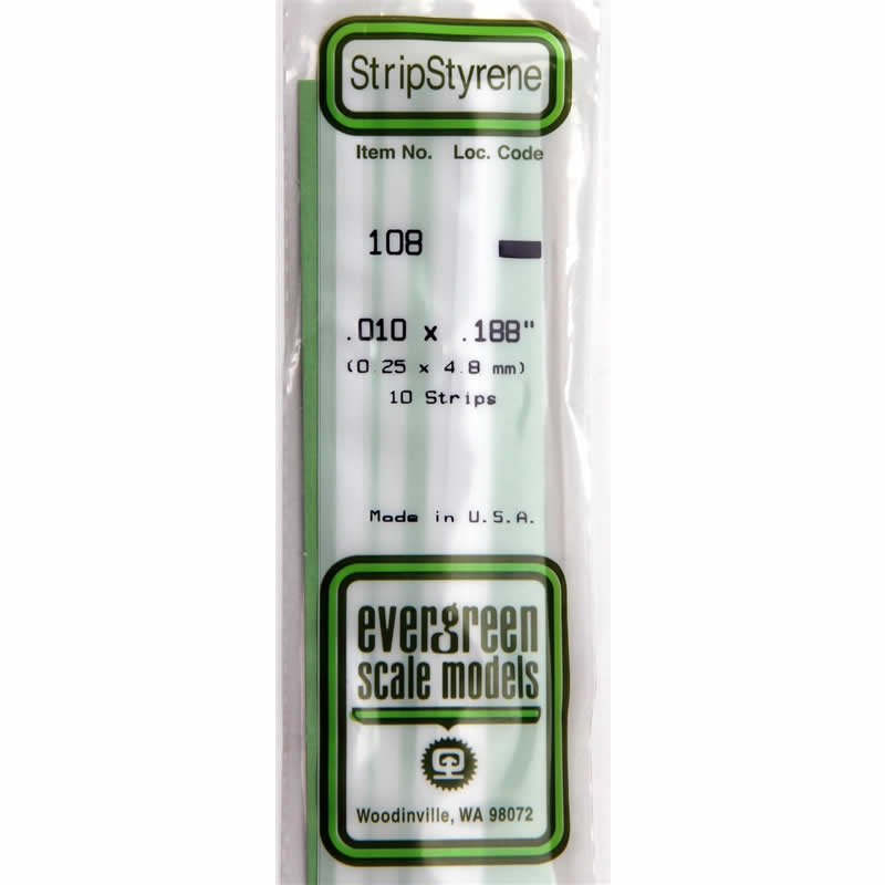 EVG108 White Dimensional Styrene Plastic Strips .010 x .188 x 14in (10) (ONLINE ORDER ONLY)