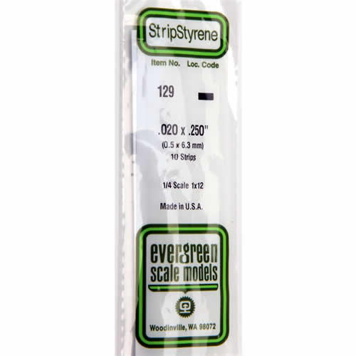 EVG129 White Dimensional Strips .020in x .250in x 14in (10) Evergreen (ONLINE ORDER ONLY)