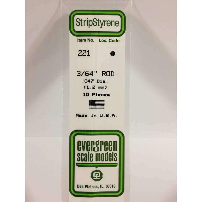 EVG221 Round White Styrene Rod .047x14in 10 pc. Evergreen Scale Models (ONLINE ORDER ONLY)