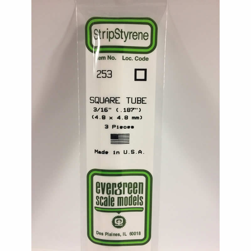 EVG253 White Styrene Square Tubing .187in x 14in 3pc Evergreen Scale Models (ONLINE ORDER ONLY)