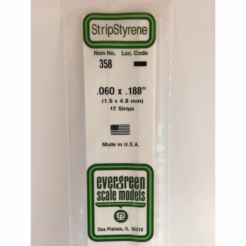 EVG358 Styrene Dimensional Strips .060in x .188in x 24in (12) Evergreen (ONLINE ORDER ONLY)
