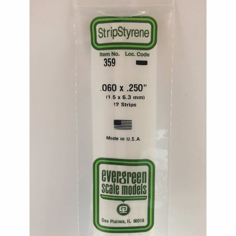 EVG359 Styrene Dimensional Strips .060in x .250in x 24in (12) Evergreen (ONLINE ORDER ONLY)
