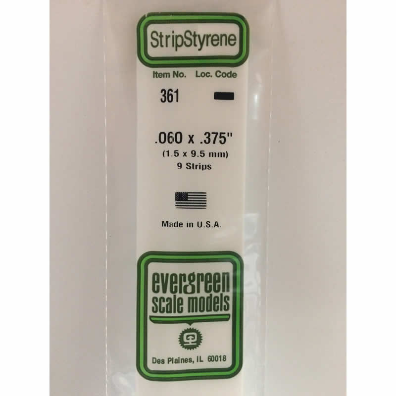 EVG361 Styrene Dimensional Strips .060in x .375in x 24in (9) Evergreen (ONLINE ORDER ONLY)