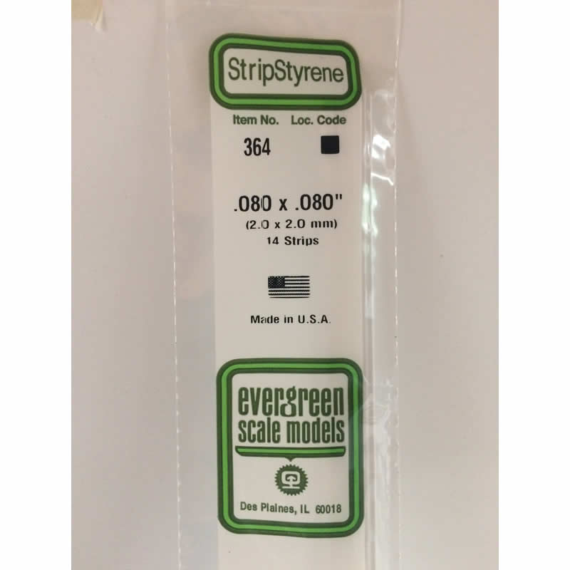 EVG364 Styrene Dimensional Strips .080in x .080in x 24in (14) Evergreen (ONLINE ORDER ONLY)
