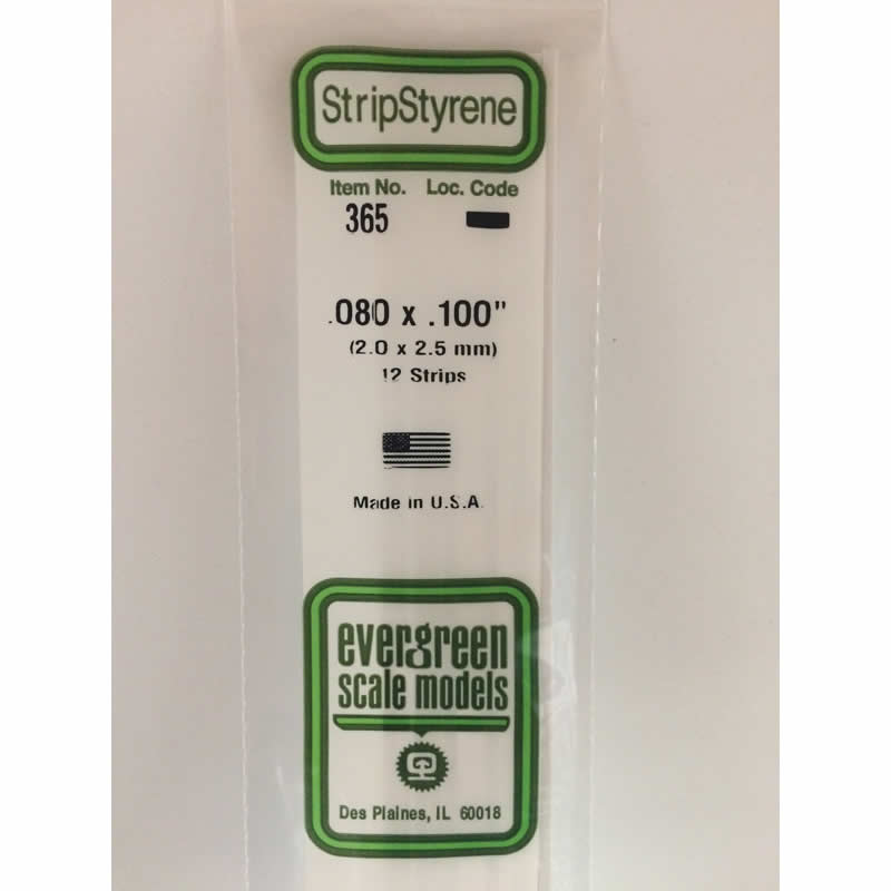 EVG365 Styrene Dimensional Strips .080in x .100in x 24in (12) Evergreen (ONLINE ORDER ONLY)
