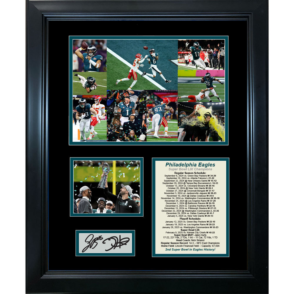 Framed Philadelphia Eagles Super Bowl LIX 59 Champions Saquon Barkley Jalen Hurts Facsimile Laser Engraved Signature Auto Football 11"x14"Photo Sig Collage (ONLINE ORDER ONLY)