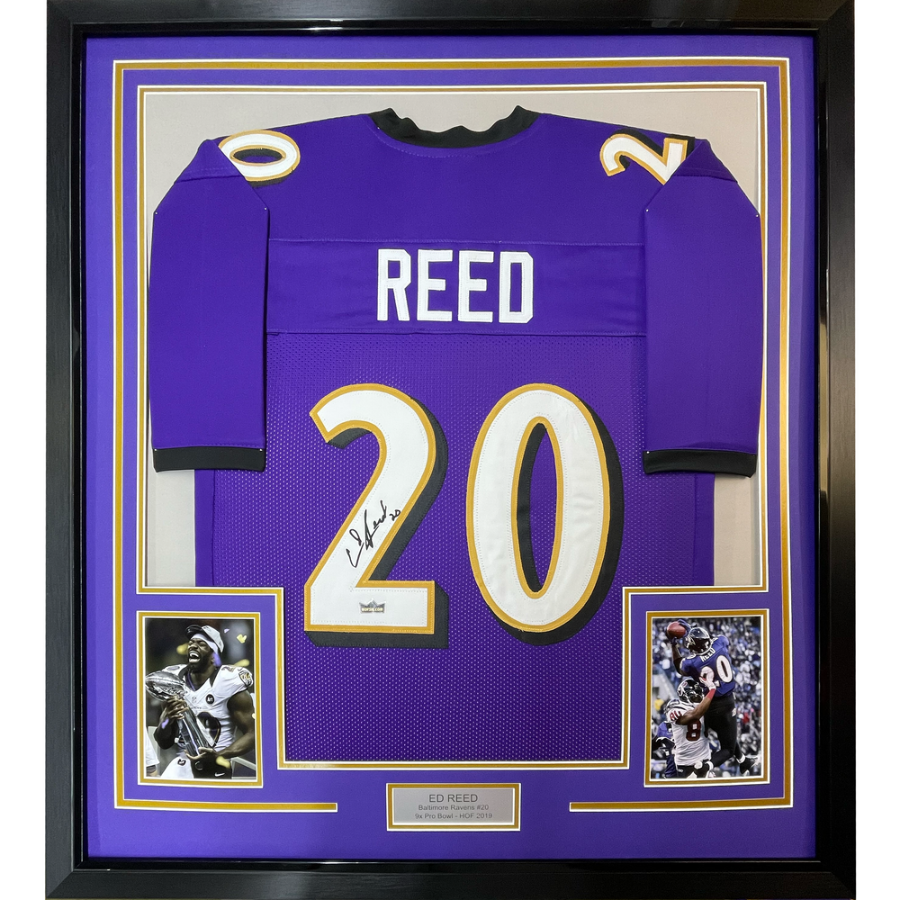 Framed Facsimile Autographed Ed Reed 35x39 Baltimore Purple Reprint Laser Auto Football Jersey Size Men's XL (ONLINE ORDER ONLY)