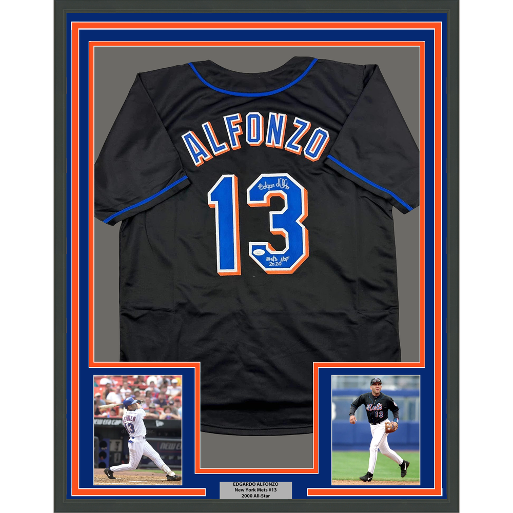 Framed Autographed/Signed Edgardo Alfonzo 35x39 New York Black Baseball Jersey JSA COA (ONLINE ORDER ONLY)
