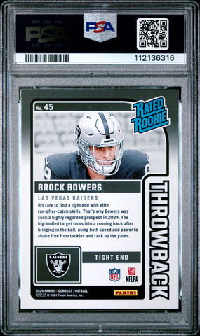 Graded 2024 Panini Donruss Brock Bowers #45 Rated Rookies Throwback Rookie RC Football Card PSA 10 Gem Mint (ONLINE ORDER ONLY)