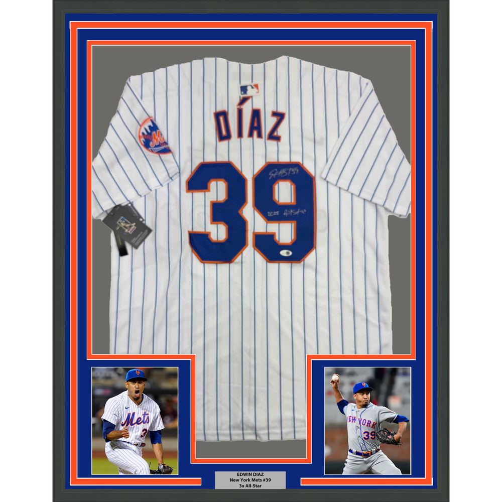 Framed Autographed/Signed Edwin Diaz "2025 All-Star" 35x39 New York Pinstripe Baseball Jersey JSA COA