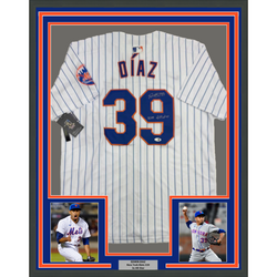 Framed Autographed/Signed Edwin Diaz "2025 All-Star" 35x39 New York Pinstripe Baseball Jersey JSA COA