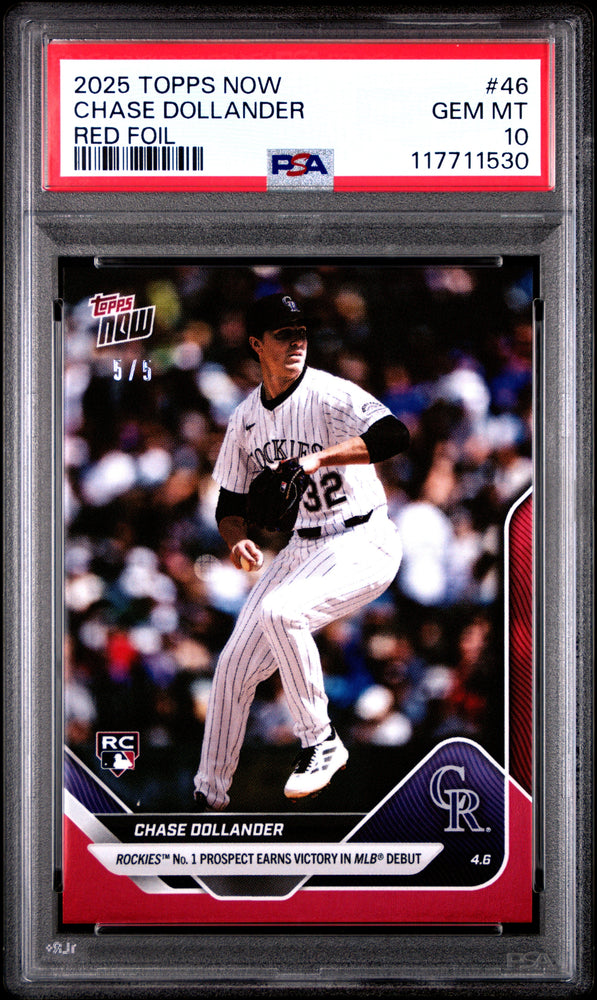 Graded 2025 Topps Now Chase Dollander #46 Red Foil /5 Rookie RC Baseball Card PSA 10 Gem Mint (ONLINE ORDER ONLY)