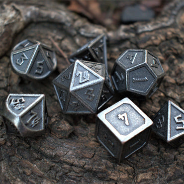 PRE-ORDER || Elder Runes Battle-Worn Silver Metal Dice Set