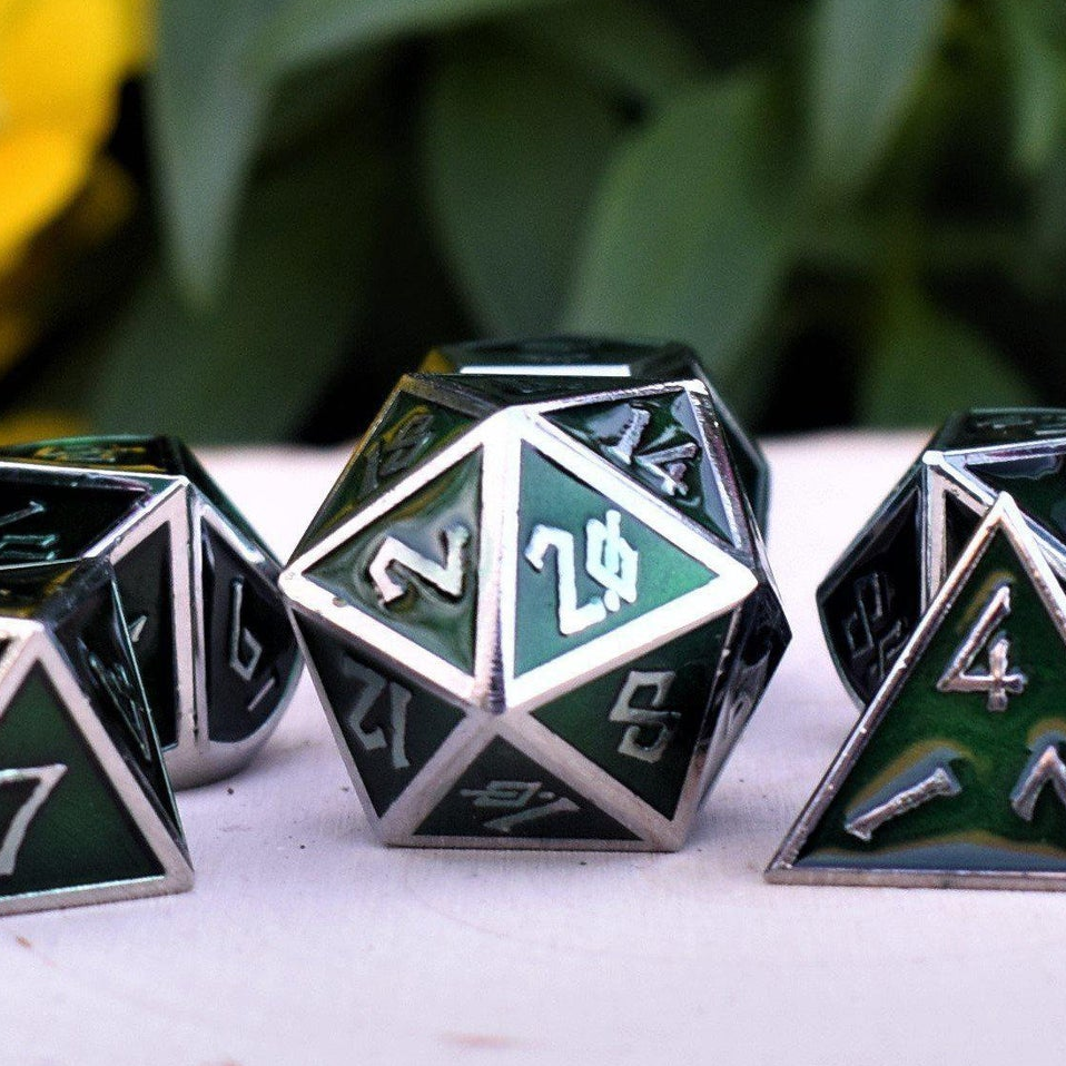 PRE-ORDER || Elder Runes Emerald And Silver Metal Dice Set