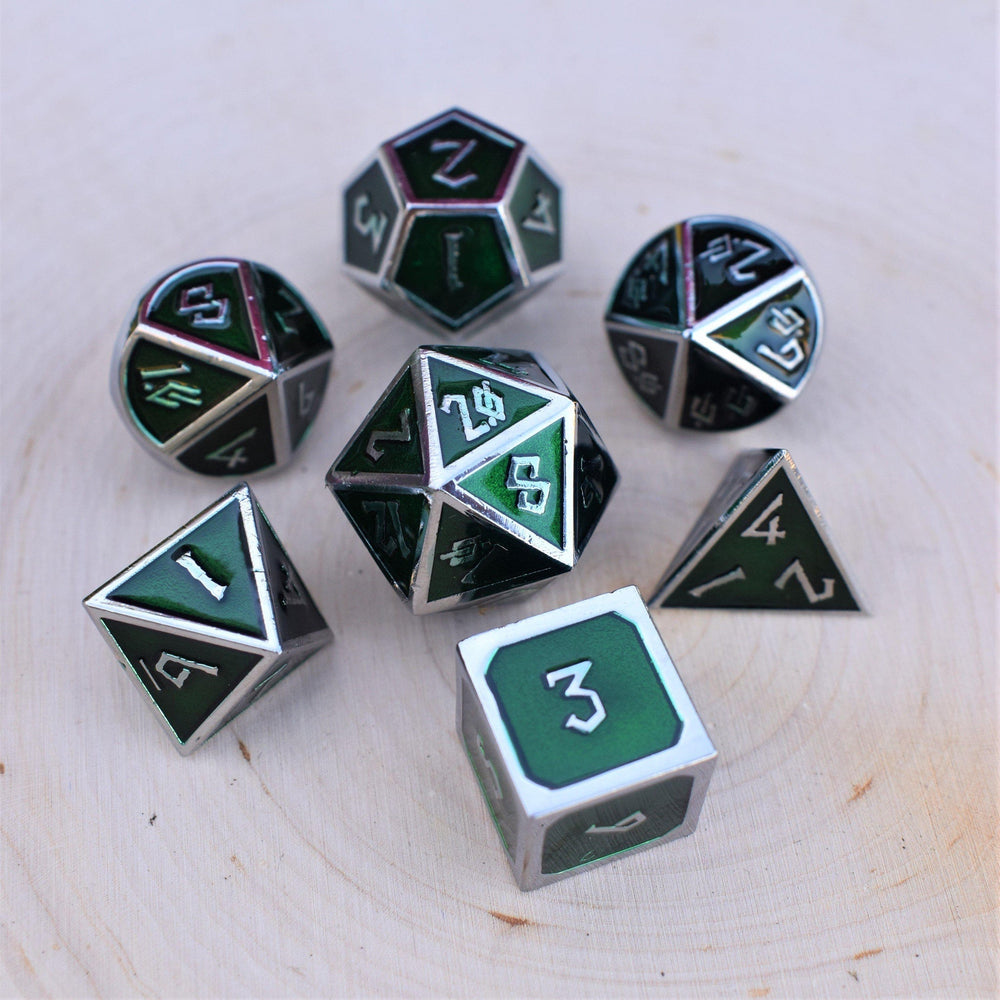 PRE-ORDER || Elder Runes Emerald And Silver Metal Dice Set