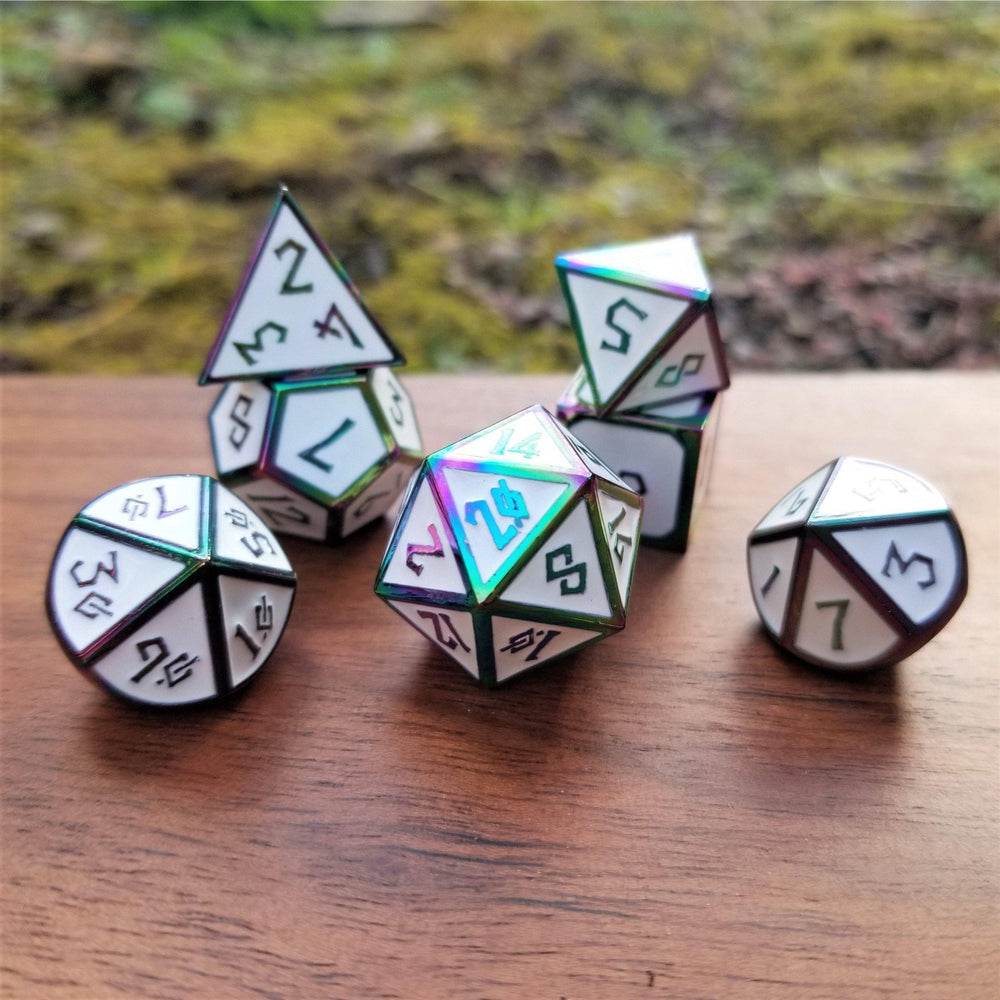PRE-ORDER || Elder Runes White And Irridescent Metal Dice Set