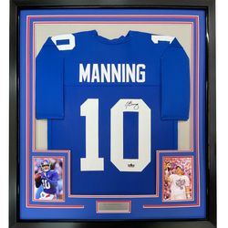 Framed Facsimile Autographed Eli Manning 35x39 New York Blue Reprint Laser Auto Football Jersey (ONLINE ORDER ONLY)