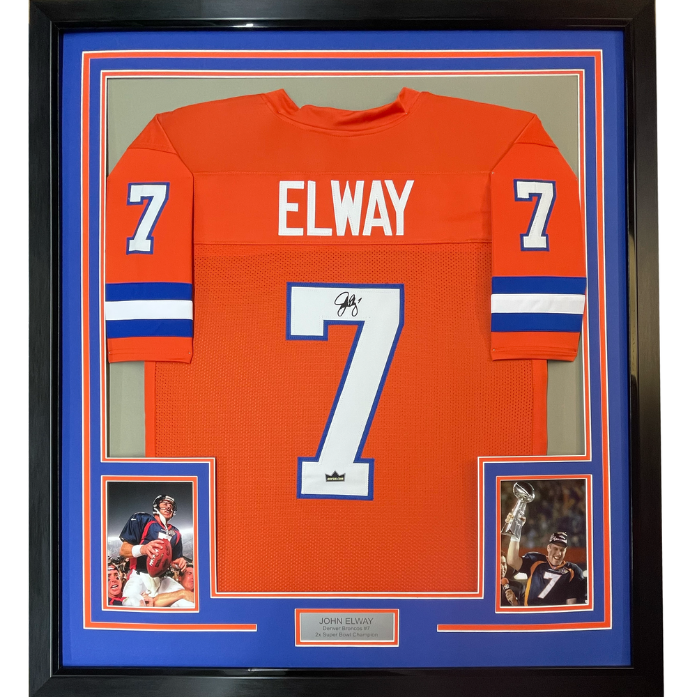 Framed Facsimile Autographed John Elway 35x39 Denver Orange Retro Reprint Laser Auto Football Jersey (ONLINE ORDER ONLY)