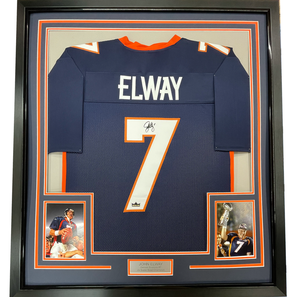 Framed Facsimile Autographed John Elway 35x39 Denver Blue Reprint Laser Auto Football Jersey (ONLINE ORDER ONLY)