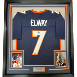 Framed Facsimile Autographed John Elway 35x39 Denver Blue Reprint Laser Auto Football Jersey (ONLINE ORDER ONLY)