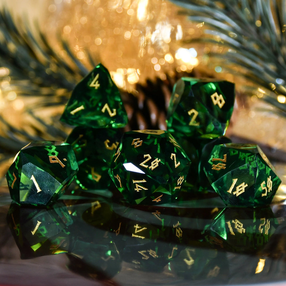 Pre-Order || Emerald Multifaceted Glass Dice Set