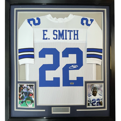 Framed Facsimile Autographed Emmitt Smith Dallas 35x39 White Reprint Laser Auto Football Jersey (ONLINE ORDER ONLY)