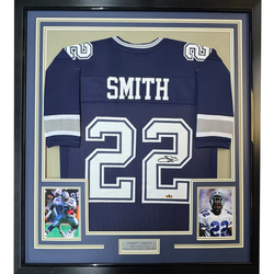Framed Facsimile Autographed Emmitt Smith 35x39 Dallas Blue Reprint Laser Auto Football Jersey (ONLINE ORDER ONLY)
