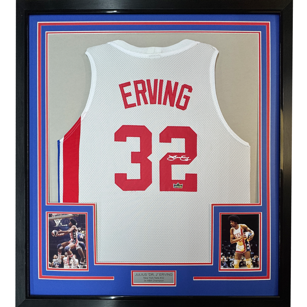 Framed Facsimile Autographed Julius Erving Dr. J 35x39 New York NY White ABA Reprint Laser Auto Basketball Jersey (ONLINE ORDER ONLY)