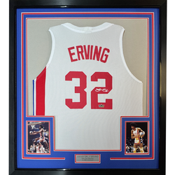 Framed Facsimile Autographed Julius Erving Dr. J 35x39 New York NY White ABA Reprint Laser Auto Basketball Jersey (ONLINE ORDER ONLY)