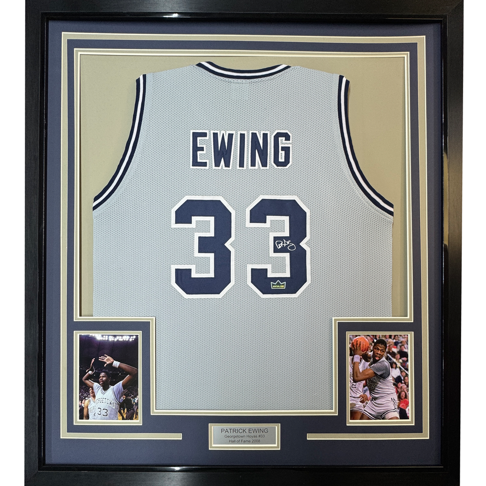 Framed Facsimile Autographed Patrick Ewing 35x39 Georgetown Grey Reprint Laser Auto College Basketball Jersey (ONLINE ORDER ONLY)