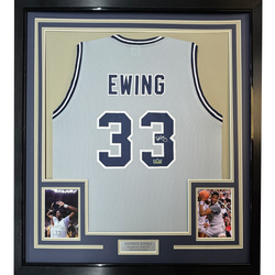 Framed Facsimile Autographed Patrick Ewing 35x39 Georgetown Grey Reprint Laser Auto College Basketball Jersey (ONLINE ORDER ONLY)