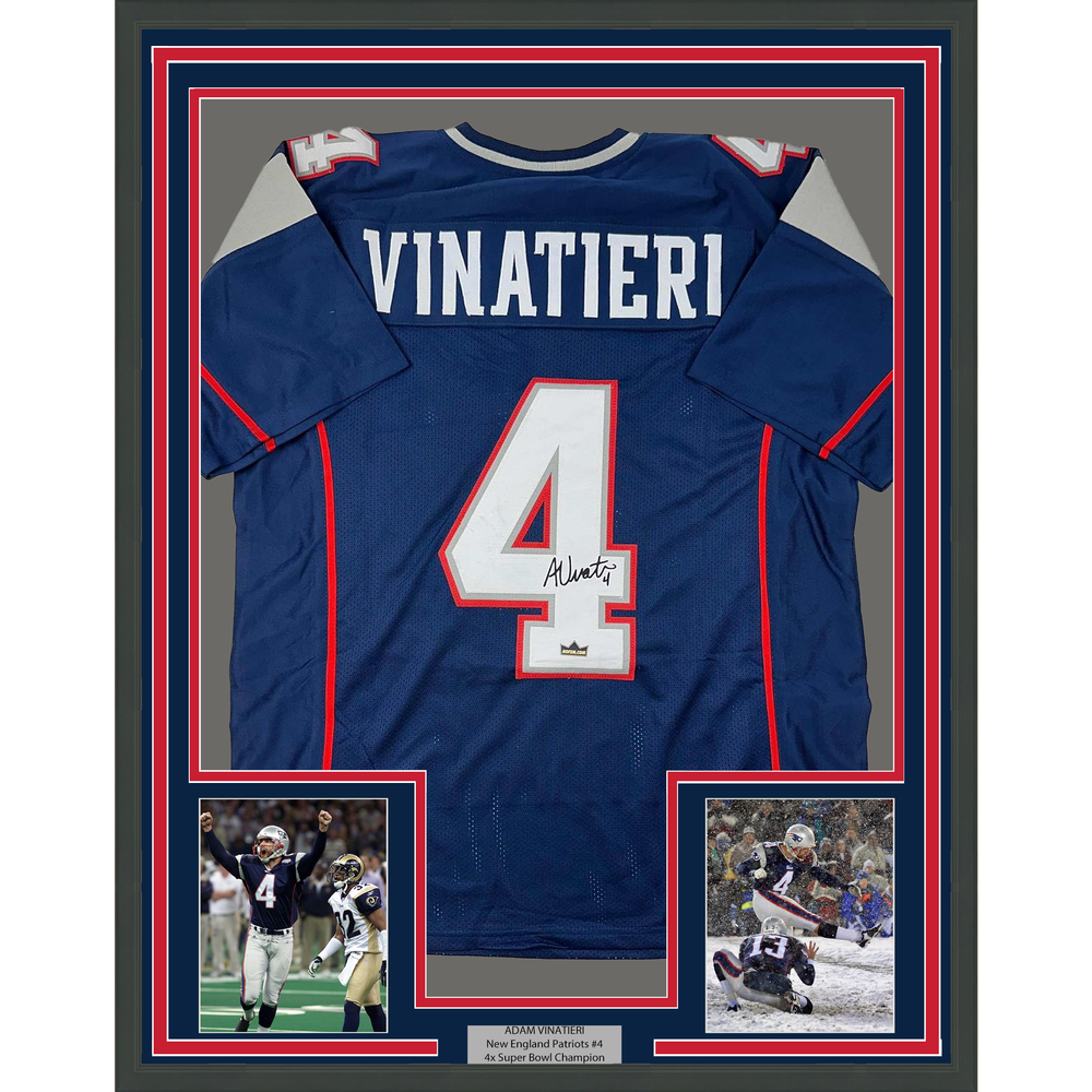 Framed Facsimile Autographed Adam Vinatieri 35x39 New England Blue Reprint Laser Auto Football Jersey (ONLINE ORDER ONLY)