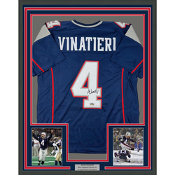Framed Facsimile Autographed Adam Vinatieri 35x39 New England Blue Reprint Laser Auto Football Jersey (ONLINE ORDER ONLY)