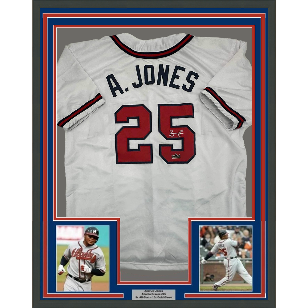 Framed Facsimile Autographed Andruw Jones 35x39 Atlanta White Reprint Laser Auto Baseball Jersey (ONLINE ORDER ONLY)