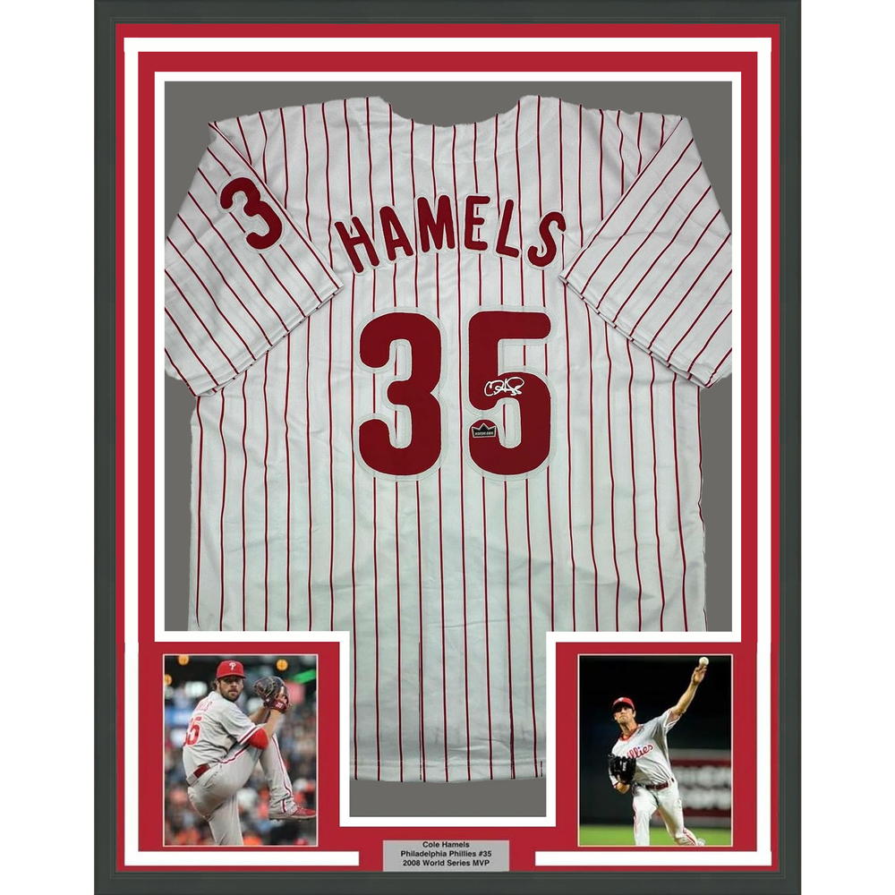 Framed Facsimile Autographed Cole Hamels 35x39 Philadelphia Pinstripe Reprint Laser Auto Baseball Jersey (ONLINE ORDER ONLY)