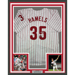 Framed Facsimile Autographed Cole Hamels 35x39 Philadelphia Pinstripe Reprint Laser Auto Baseball Jersey (ONLINE ORDER ONLY)