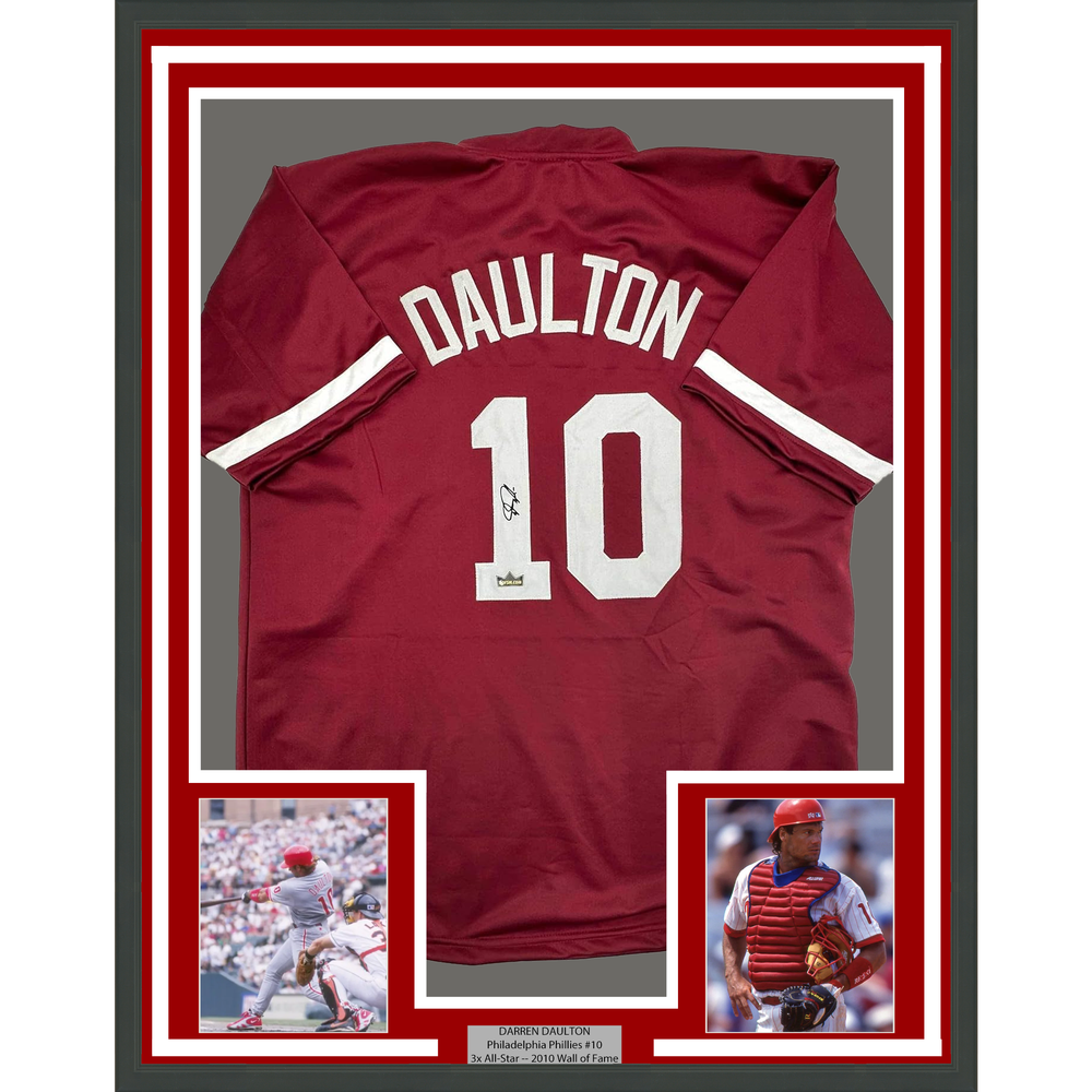 Framed Facsimile Autographed Darren Daulton 35x39 Philadelphia Maroon Reprint Laser Auto Baseball Jersey (ONLINE ORDER ONLY)