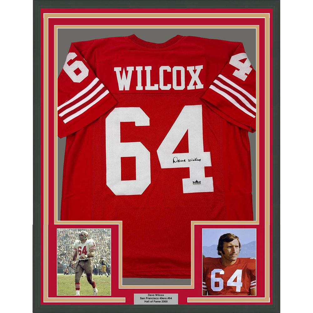 Framed Facsimile Autographed Dave Wilcox 35x39 San Francisco Red Reprint Laser Auto Football Jersey (ONLINE ORDER ONLY)