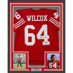 Framed Facsimile Autographed Dave Wilcox 35x39 San Francisco Red Reprint Laser Auto Football Jersey (ONLINE ORDER ONLY)