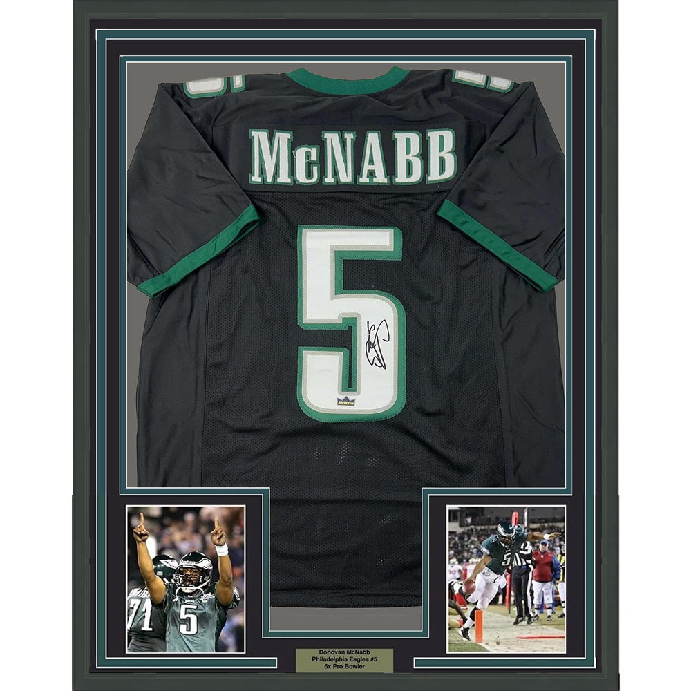 Framed Facsimile Autographed Donovan McNabb 35x39 Philadelphia Black Reprint Laser Auto Football Jersey (ONLINE ORDER ONLY)