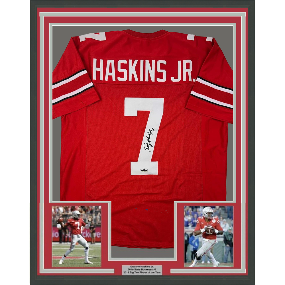 Framed Facsimile Autographed Dwayne Haskins Jr. 35x39 Ohio State Red Reprint Laser Auto College Football Jersey (ONLINE ORDER ONLY)
