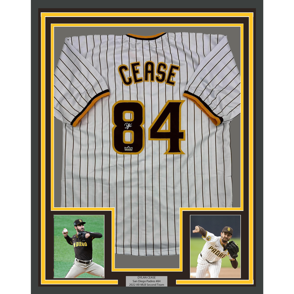 Framed Facsimile Autographed Dylan Cease 35x39 San Diego Pinstripe Reprint Laser Auto Baseball Jersey (ONLINE ORDER ONLY)