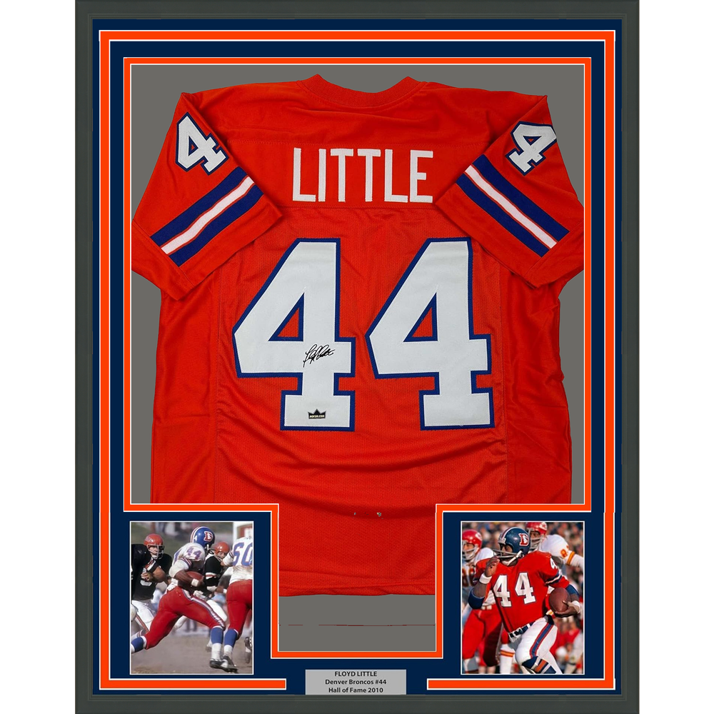 Framed Facsimile Autographed Floyd Little 35x39 Denver Orange Reprint Laser Auto Football Jersey (ONLINE ORDER ONLY)