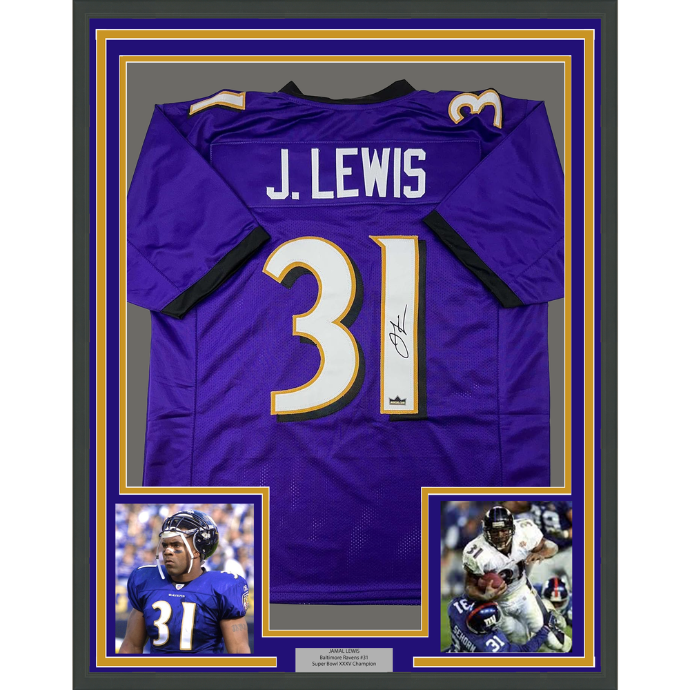 Framed Facsimile Autographed Jamal Lewis 35x39 Baltimore Purple Reprint Laser Auto Football Jersey (ONLINE ORDER ONLY)